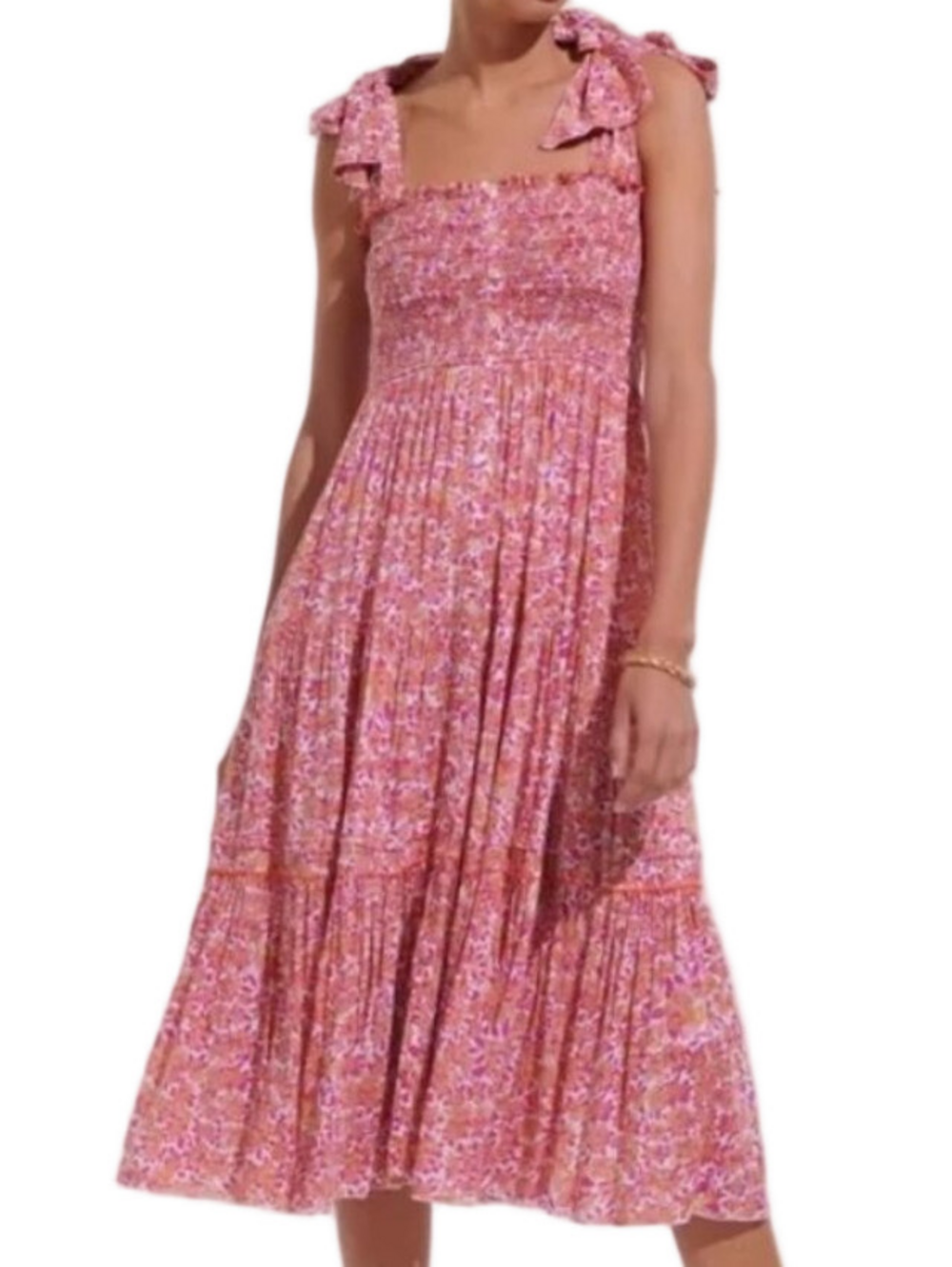 NWT POUPETTE ST BARTH Long Ruched Dress Triny Floral Pink Petunia Size Small